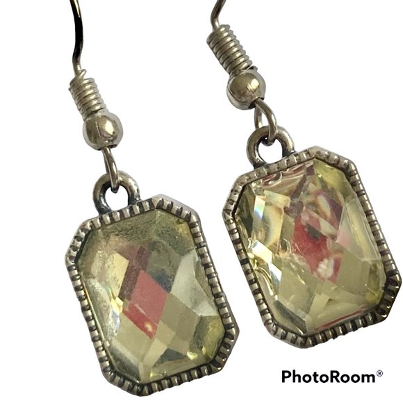 Emerald Radiant Cut Yellow Topaz Crystal Earrings Silver Tone Plated Dangle - Picture 2 of 12